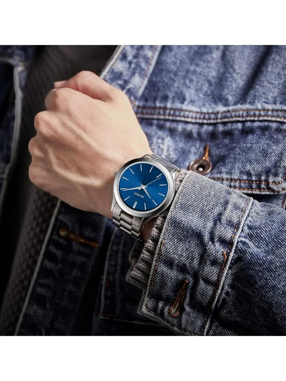 Men's Silver Blue Analog Quartz Stainless Steel Waterproof Round Luxury Watch